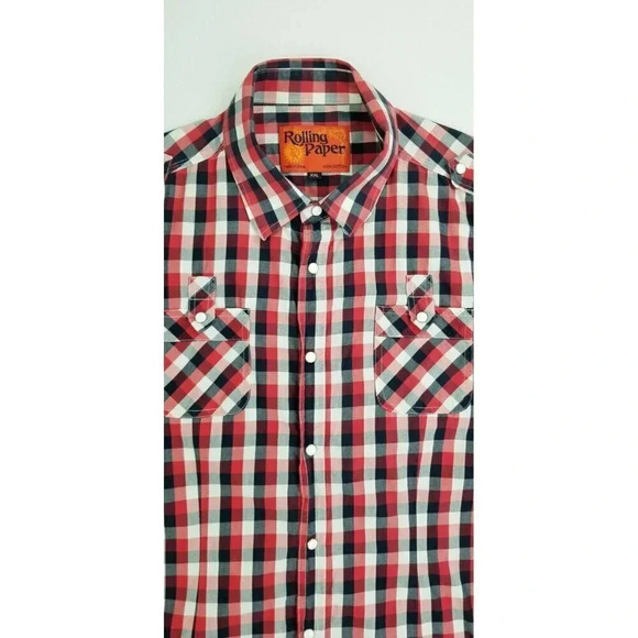 Rolling Paper 2XL Women's Pearl Snap Red White Black Check Sleeve Patch Shirt - Picture 12 of 12